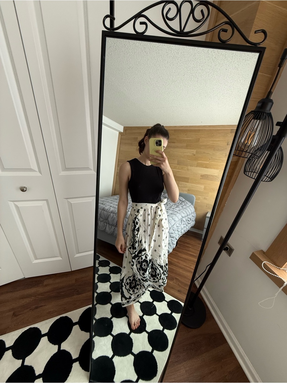 Black and White Floral Tie-Waist Maxi Skirt